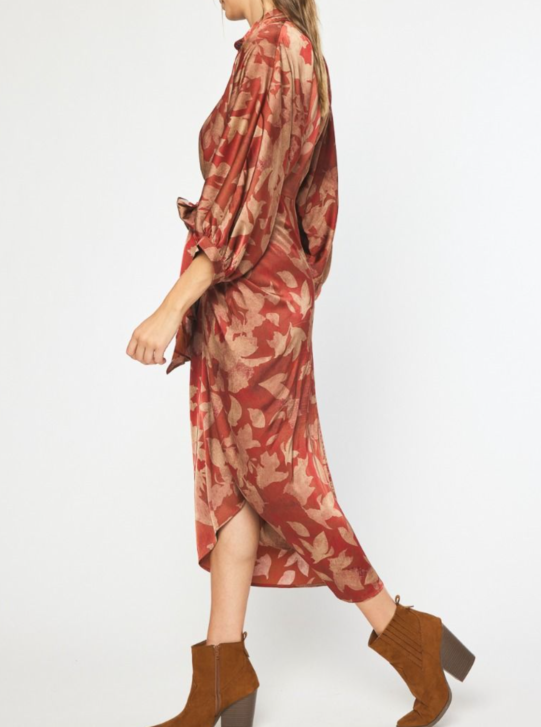 Printed 3/4 Sleeve Button-Down Maxi Dress with Self-Tie Detail at Waist