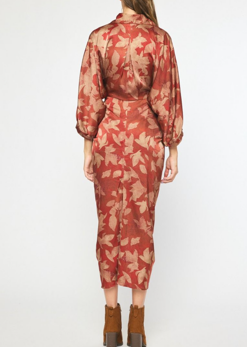 Printed 3/4 Sleeve Button-Down Maxi Dress with Self-Tie Detail at Waist