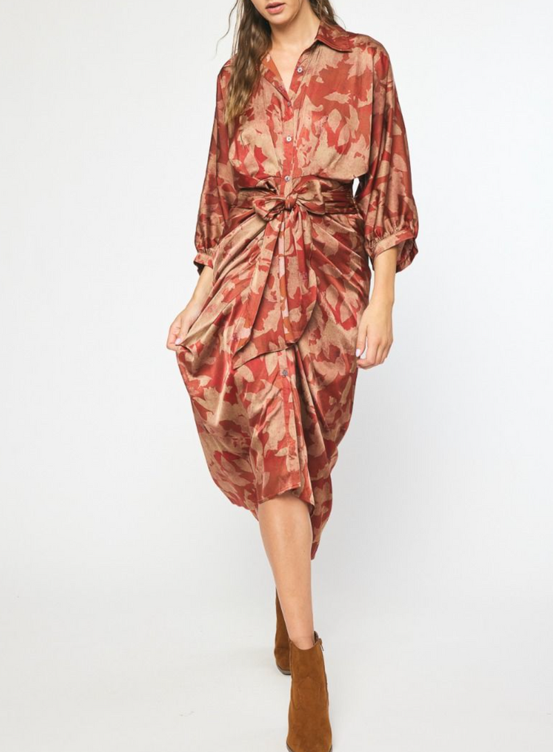 Printed 3/4 Sleeve Button-Down Maxi Dress with Self-Tie Detail at Waist