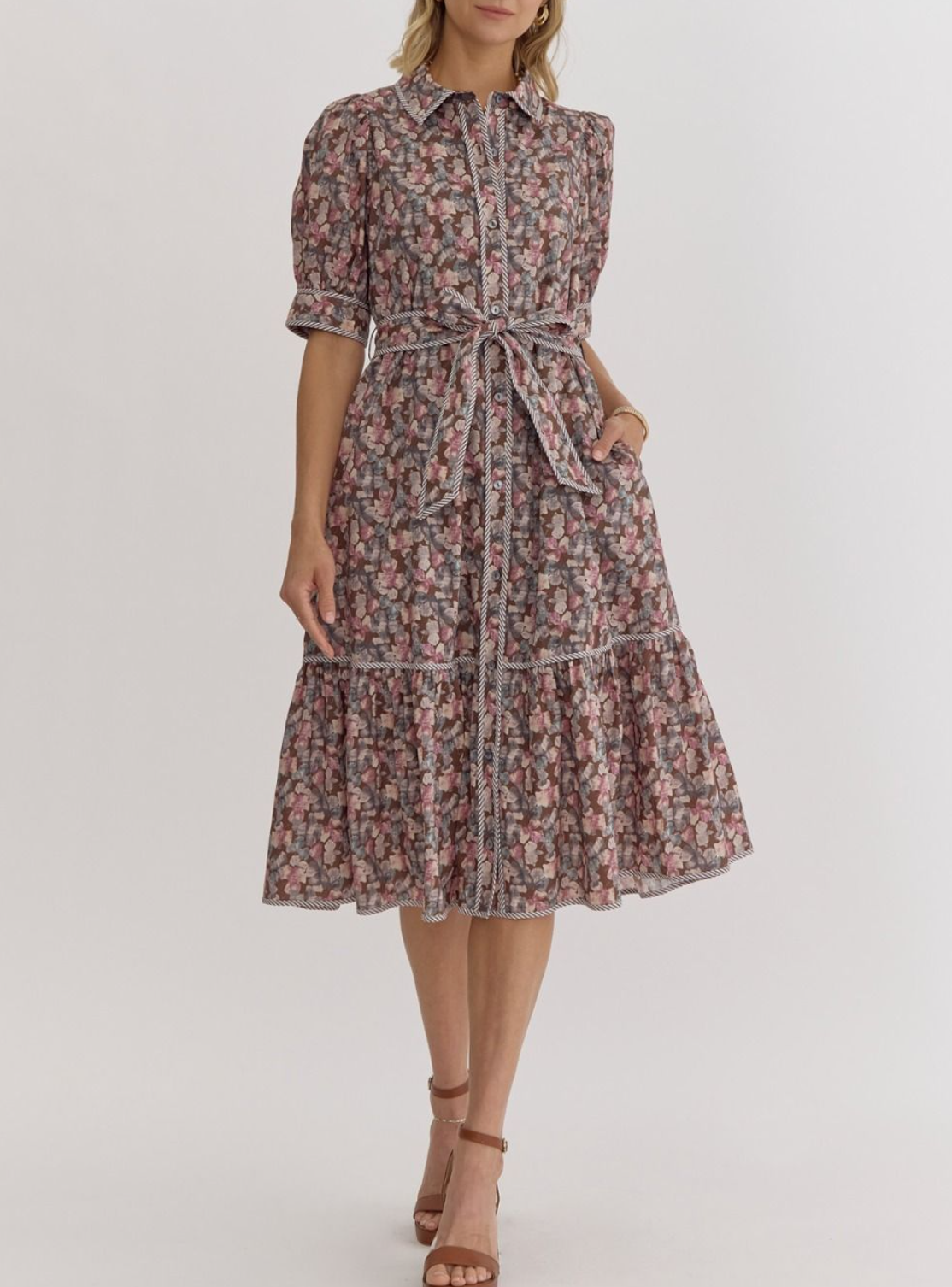 Printed Button-Down Collared Puff Sleeve Midi Dress