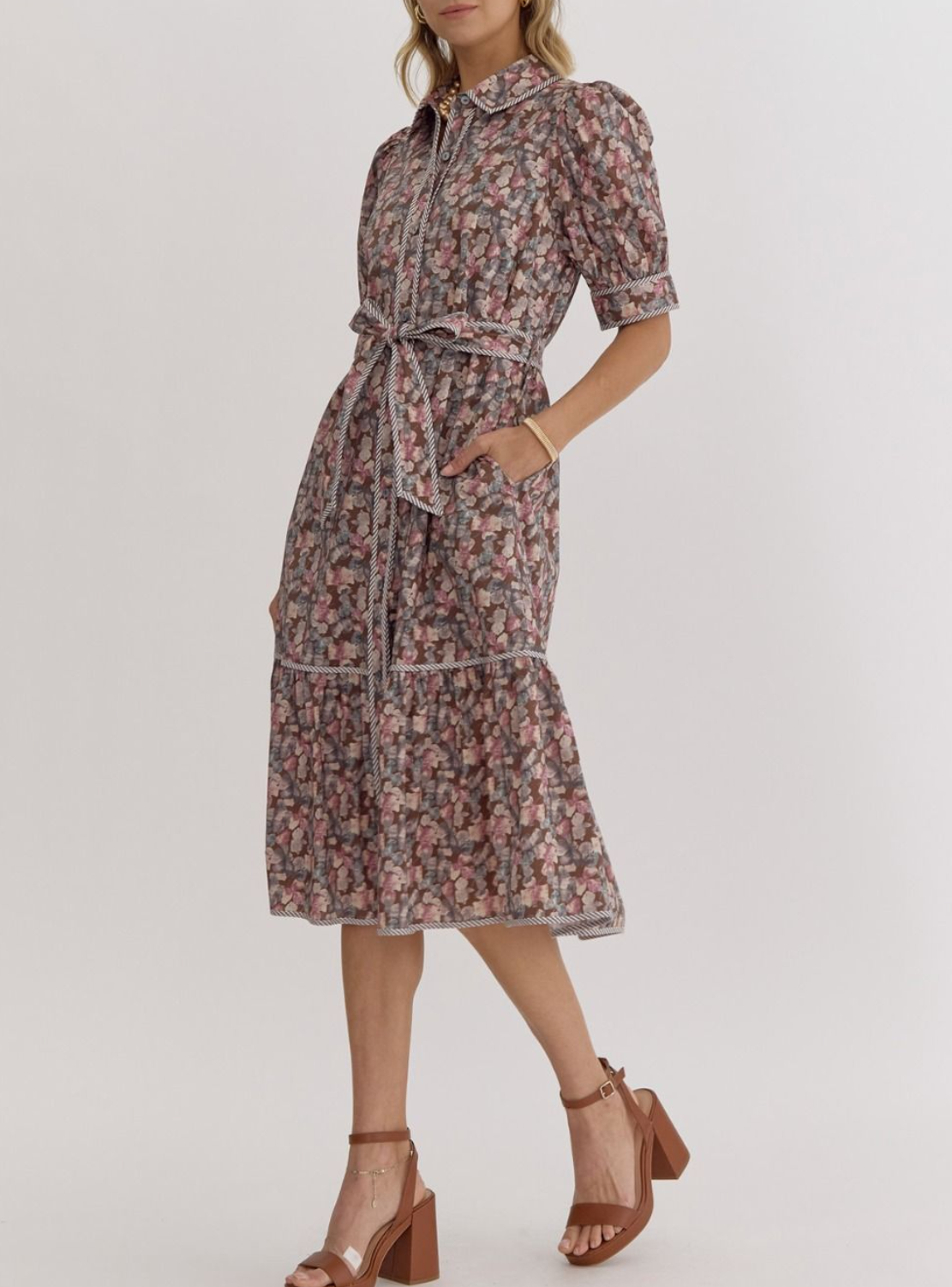 Printed Button-Down Collared Puff Sleeve Midi Dress