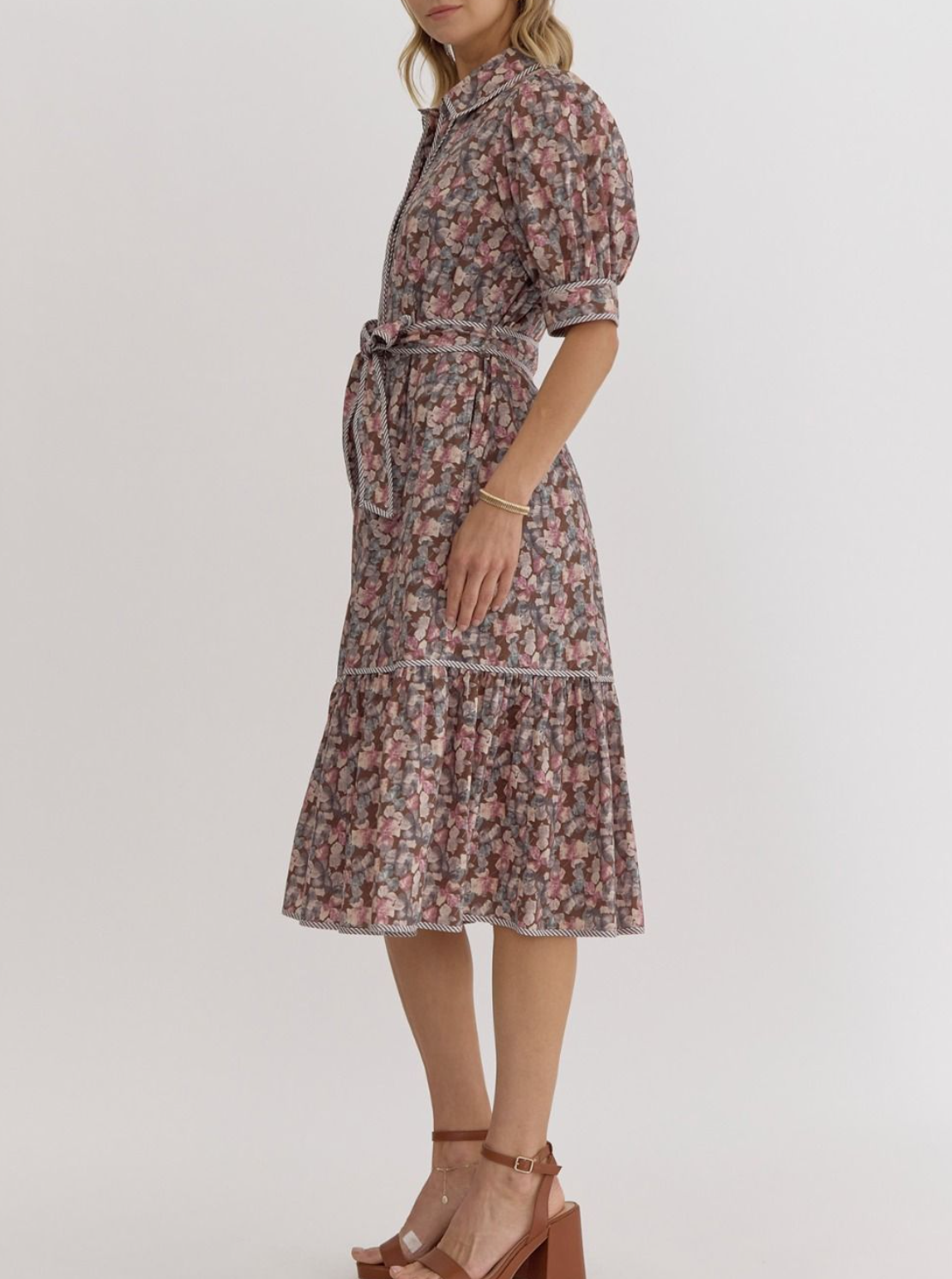 Printed Button-Down Collared Puff Sleeve Midi Dress