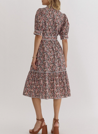 Printed Button-Down Collared Puff Sleeve Midi Dress