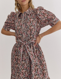 Printed Button-Down Collared Puff Sleeve Midi Dress