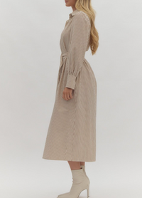 Stripe Long-Sleeve Collared Button-Up Midi Dress