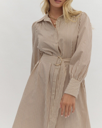 Stripe Long-Sleeve Collared Button-Up Midi Dress