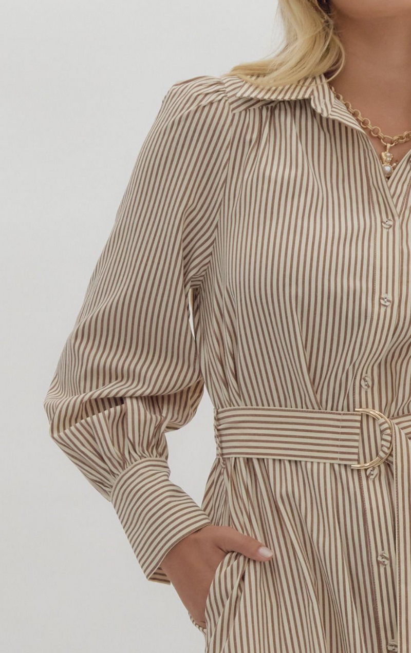 Stripe Long-Sleeve Collared Button-Up Midi Dress