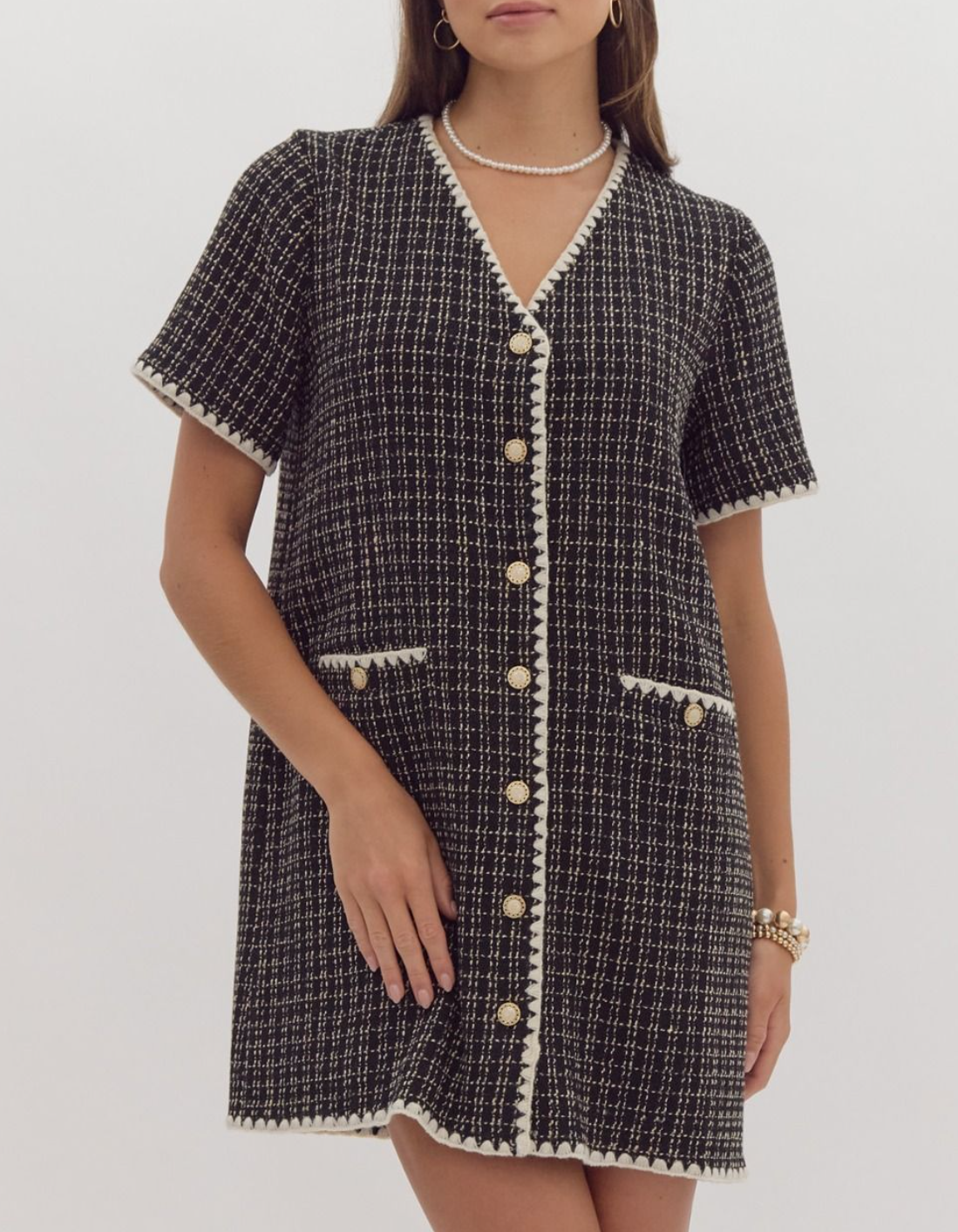 Tweed Short Sleeve V-Neck Button-Up Mini Dress