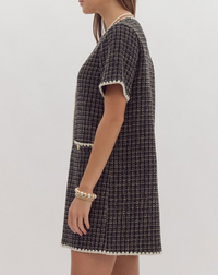 Tweed Short Sleeve V-Neck Button-Up Mini Dress