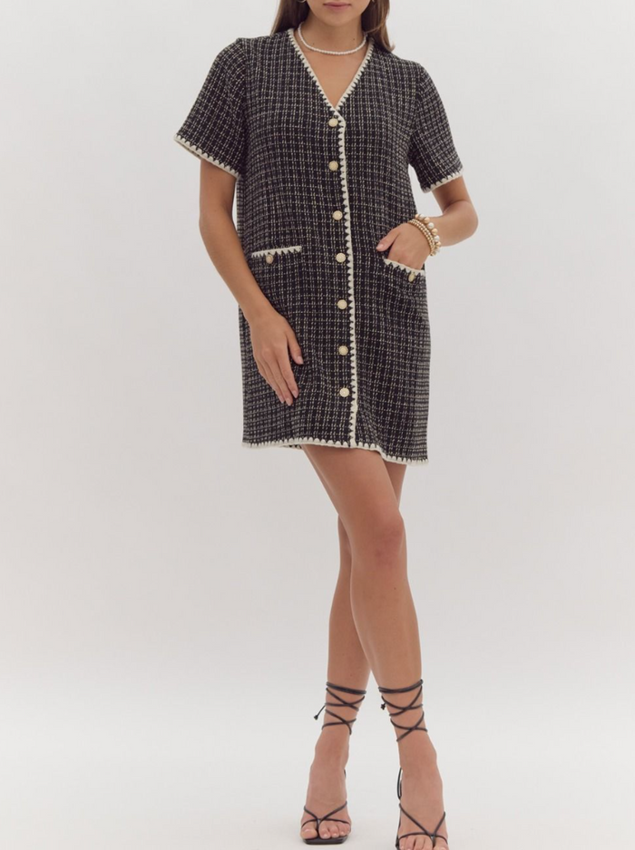 Tweed Short Sleeve V-Neck Button-Up Mini Dress