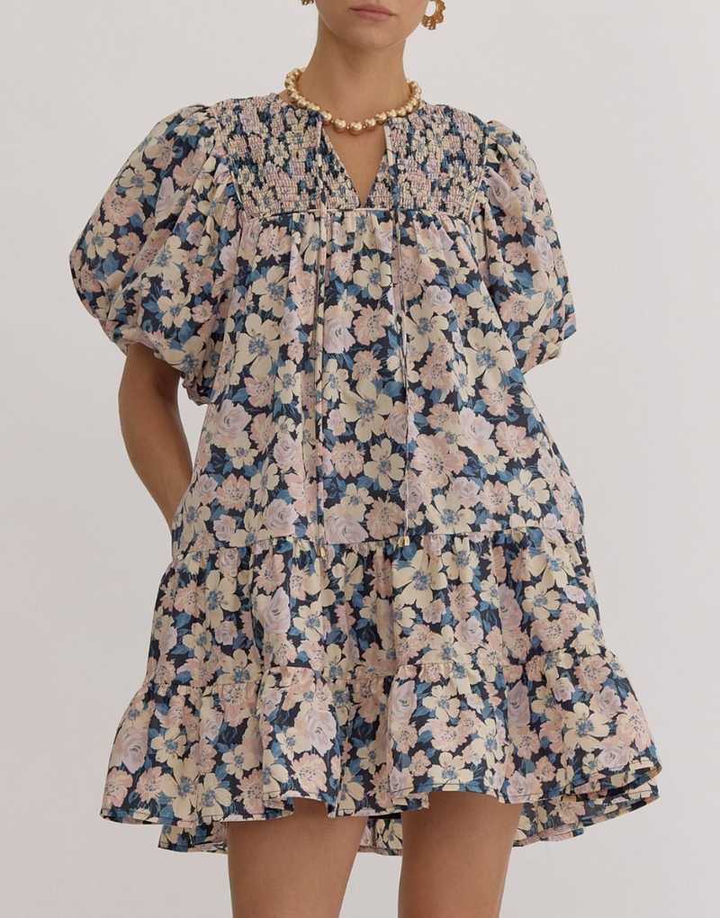 Floral Print V-Neck Bubble Sleeve Mini Dress