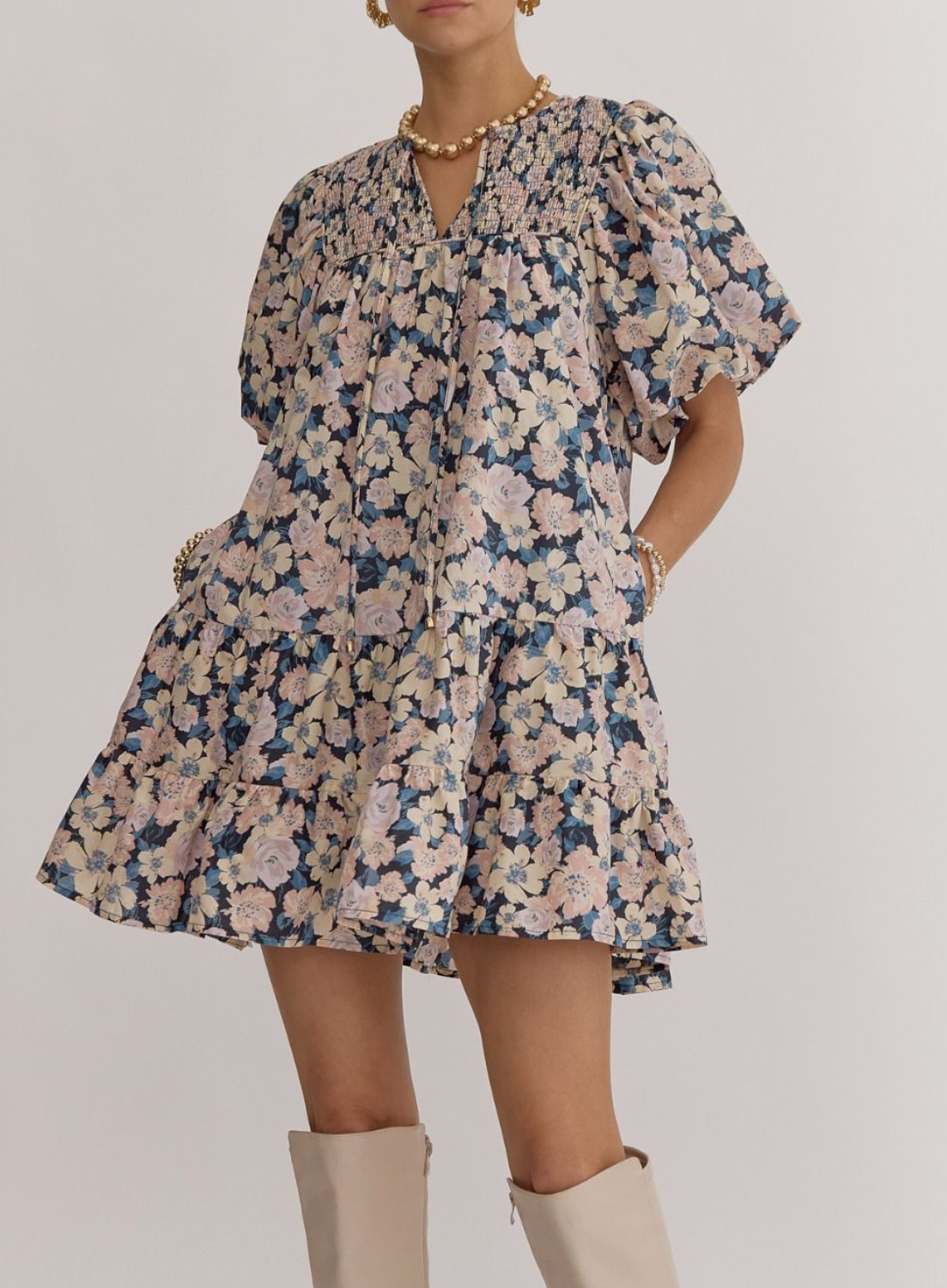 Floral Print V-Neck Bubble Sleeve Mini Dress