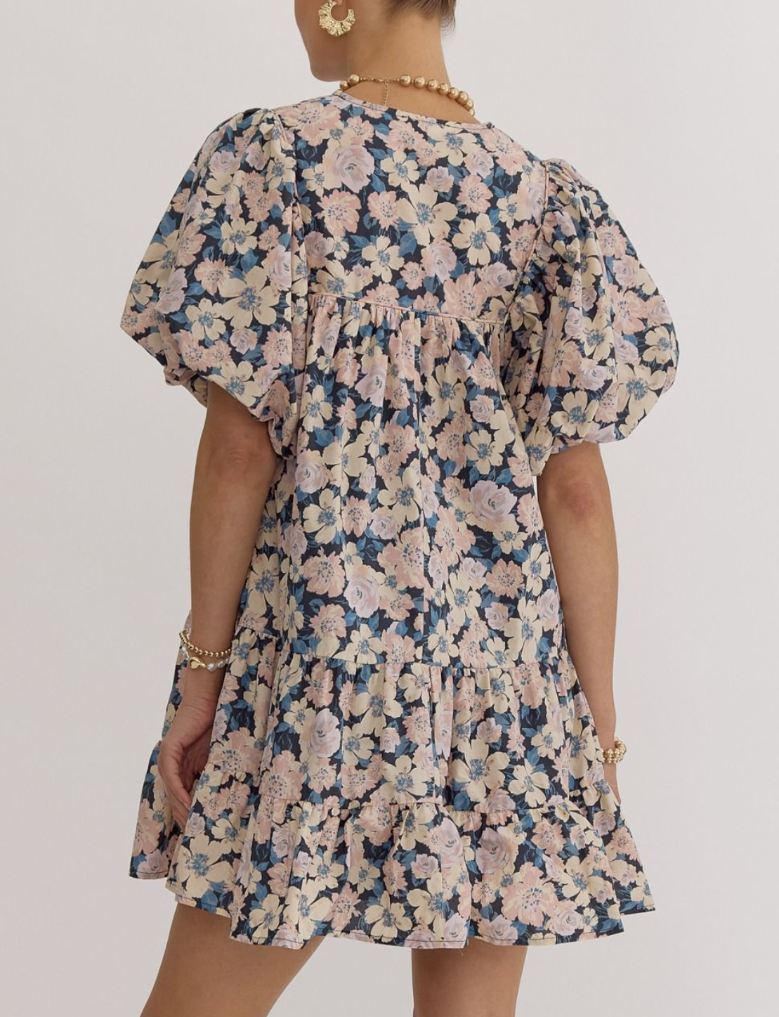 Floral Print V-Neck Bubble Sleeve Mini Dress