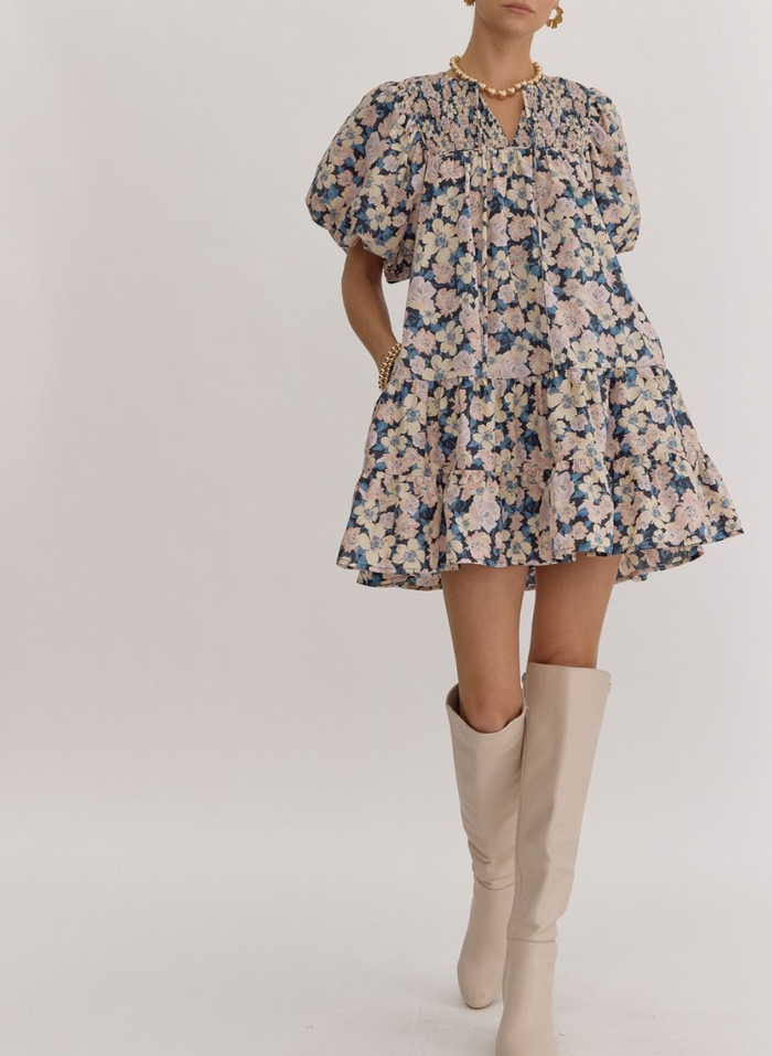 Floral Print V-Neck Bubble Sleeve Mini Dress