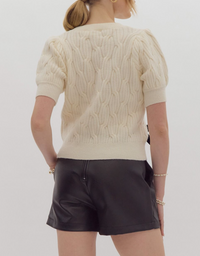 Solid Cable Knit Short Sleeve Sweater Top