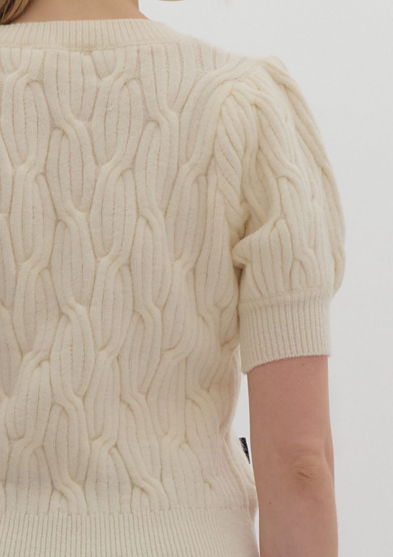 Solid Cable Knit Short Sleeve Sweater Top