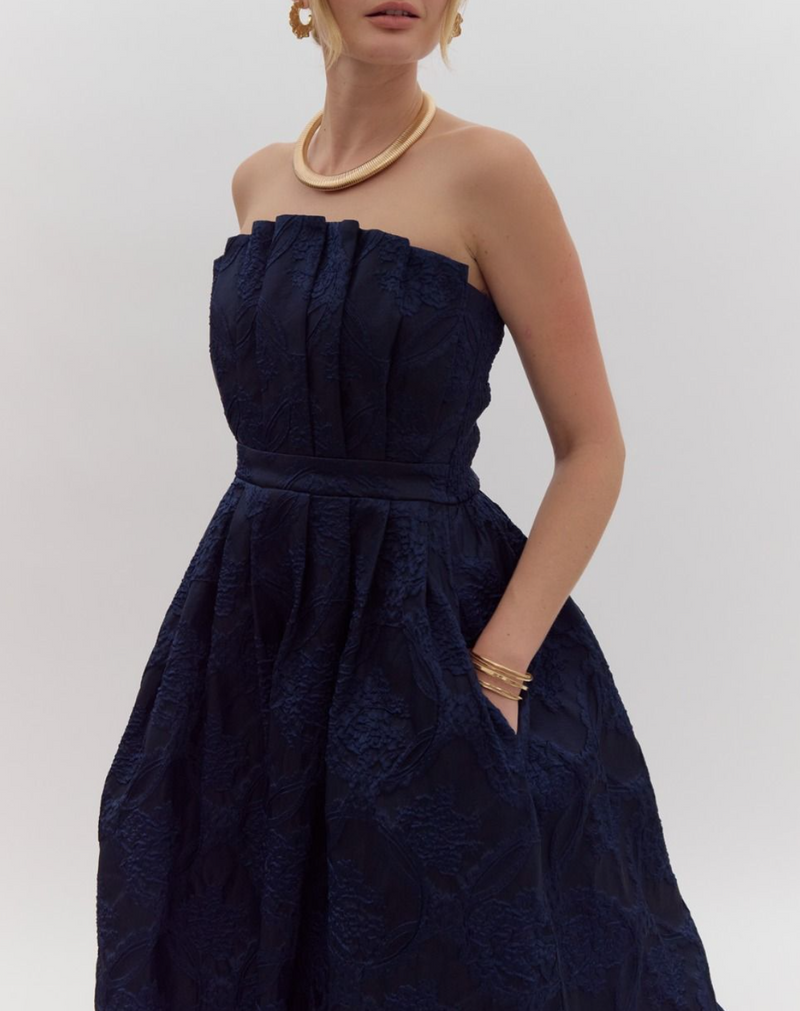 Strapless Embroidered Midi Dress