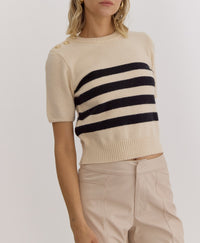 Stripe Print Round Neck Short Sleeve Knit Top