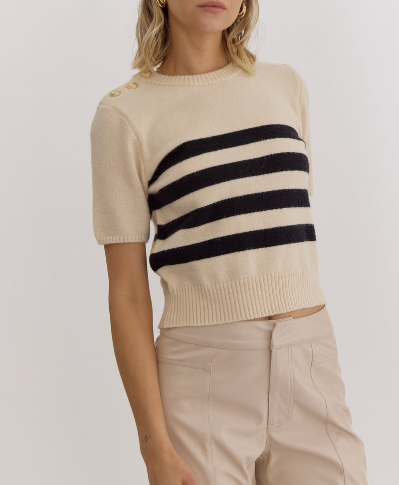 Stripe Print Round Neck Short Sleeve Knit Top