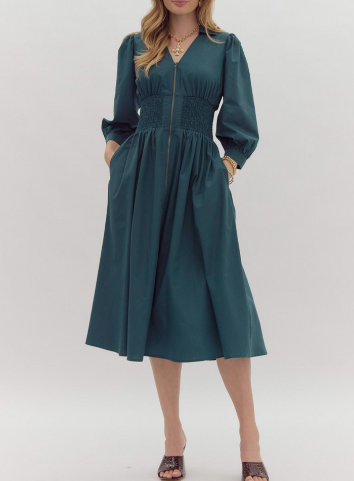 Solid 3/4 Sleeve Collared Zip-Up Midi Dress