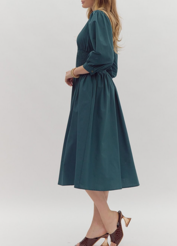 Solid 3/4 Sleeve Collared Zip-Up Midi Dress