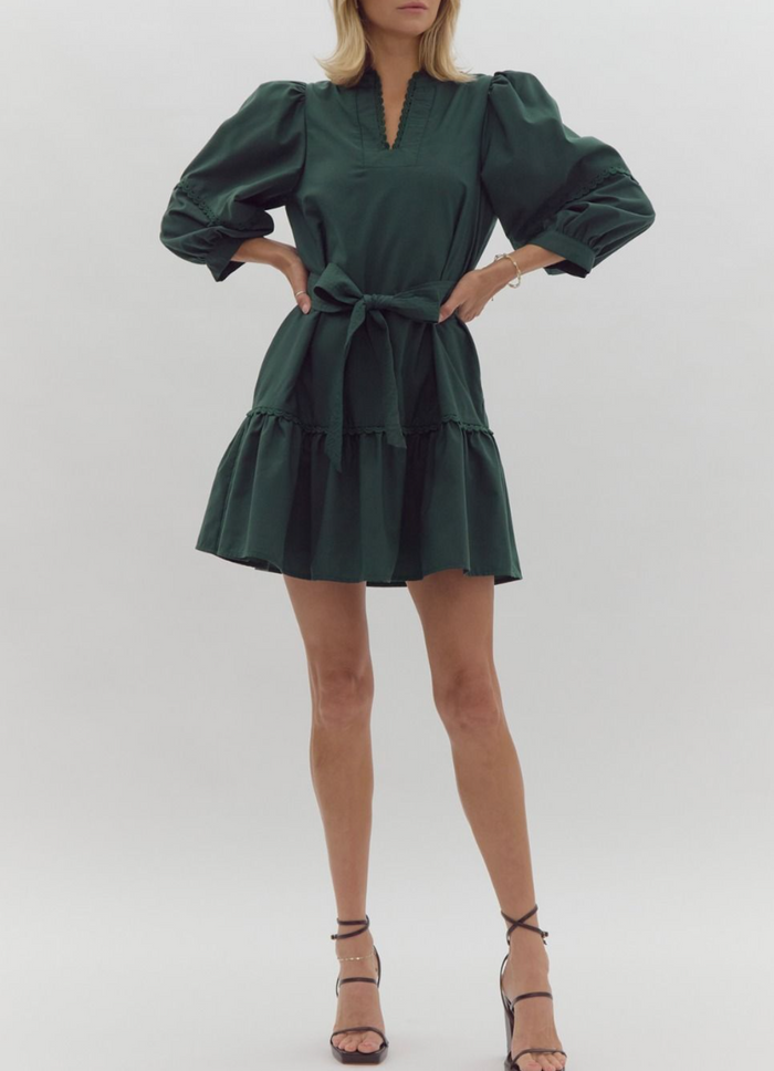 Solid V-Neck 3/4 Sleeve Mini Dress