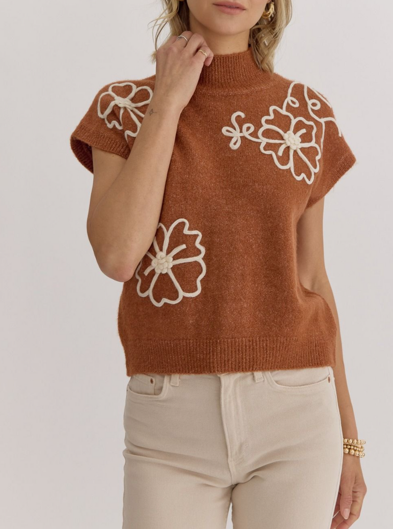 Solid High Neck Short Sleeve Knitted Top