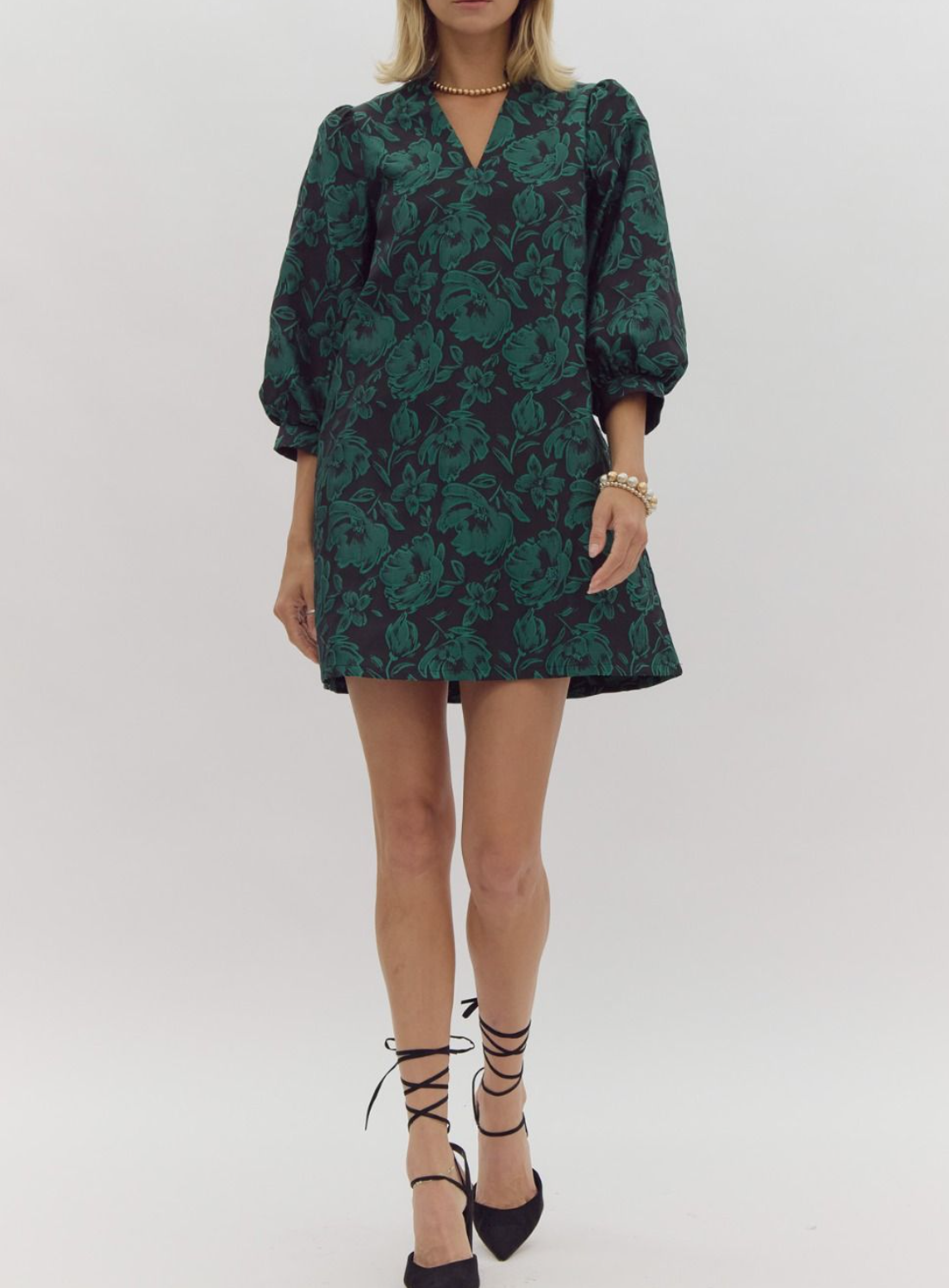 Floral Print V-Neck 3/4 Sleeve Mini Dress