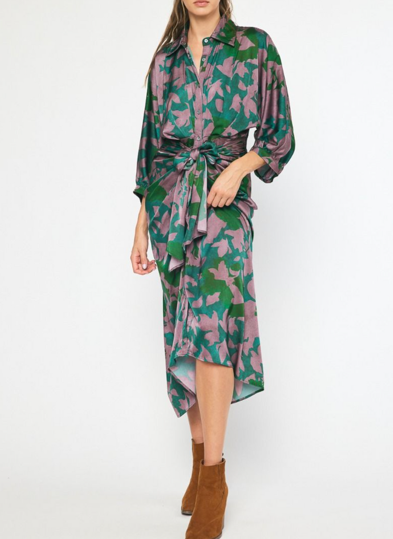 Printed 3/4 Sleeve Button-Down Maxi Dress featuring a chic Self-Tie Detail at the Waist