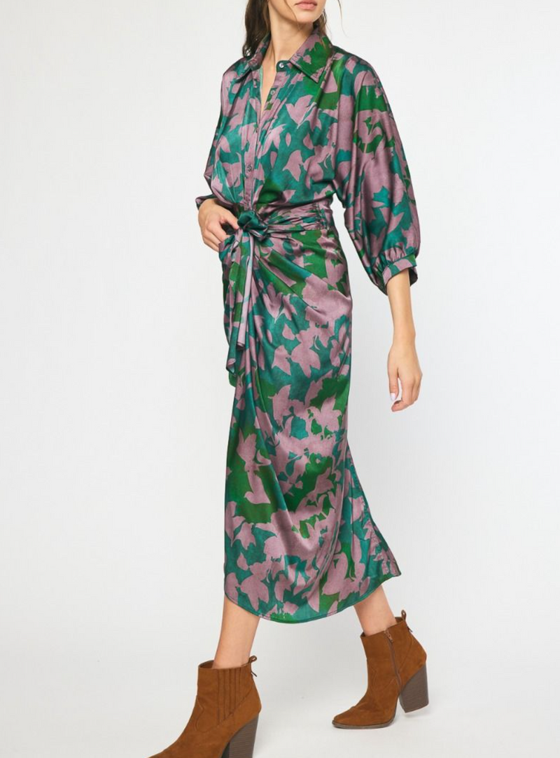 Printed 3/4 Sleeve Button-Down Maxi Dress featuring a chic Self-Tie Detail at the Waist