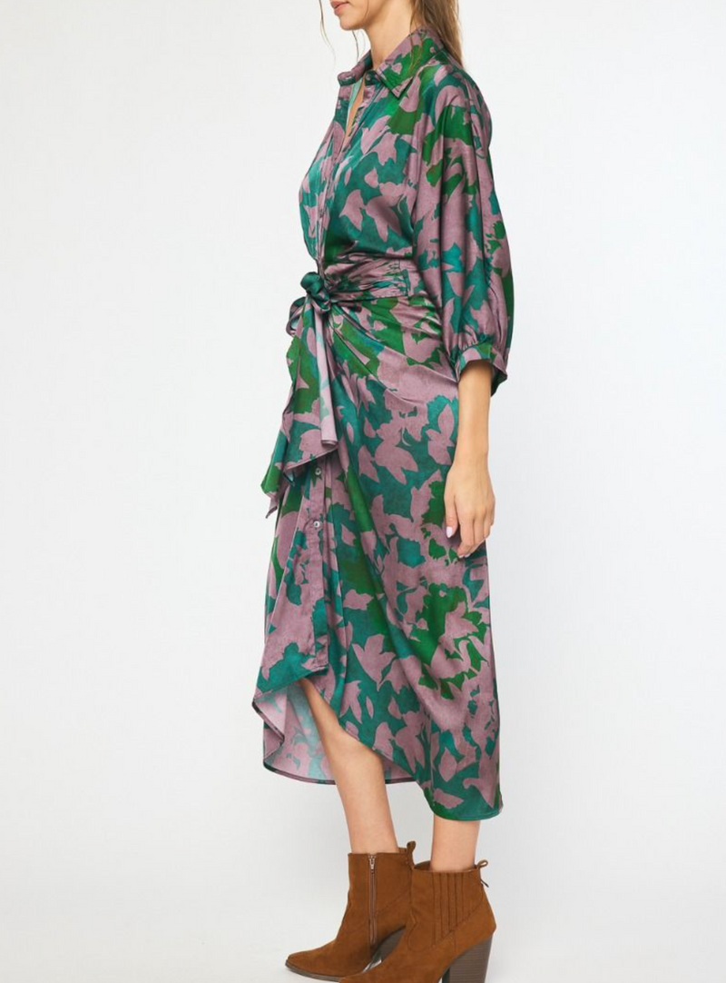 Printed 3/4 Sleeve Button-Down Maxi Dress featuring a chic Self-Tie Detail at the Waist