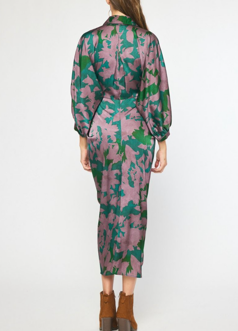 Printed 3/4 Sleeve Button-Down Maxi Dress featuring a chic Self-Tie Detail at the Waist