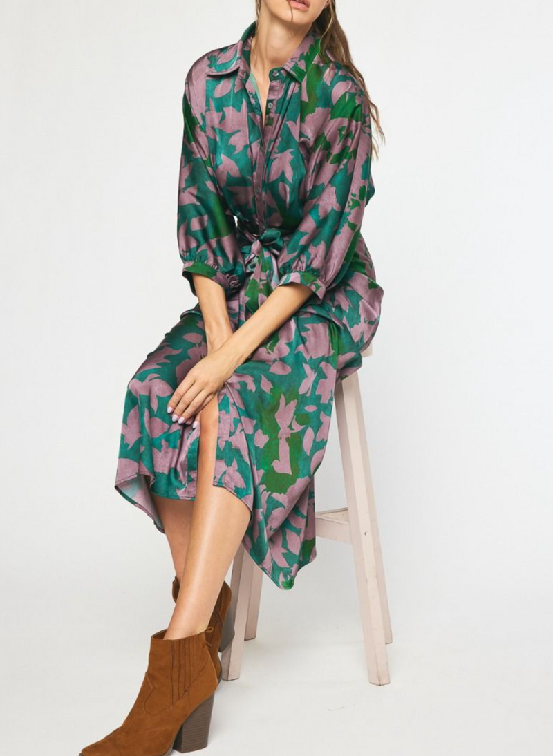 Printed 3/4 Sleeve Button-Down Maxi Dress featuring a chic Self-Tie Detail at the Waist