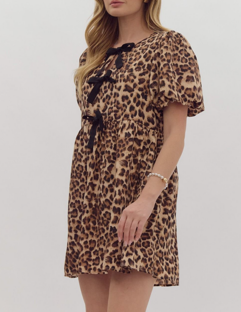 Cheetah Print Bubble Sleeve Mini Dress