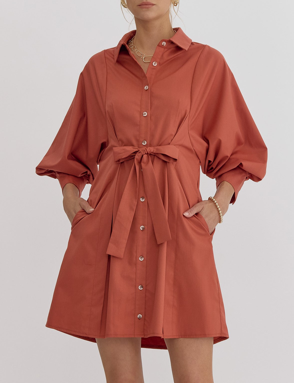 Solid Collared Button Up 3/4 Sleeve Mini Dress