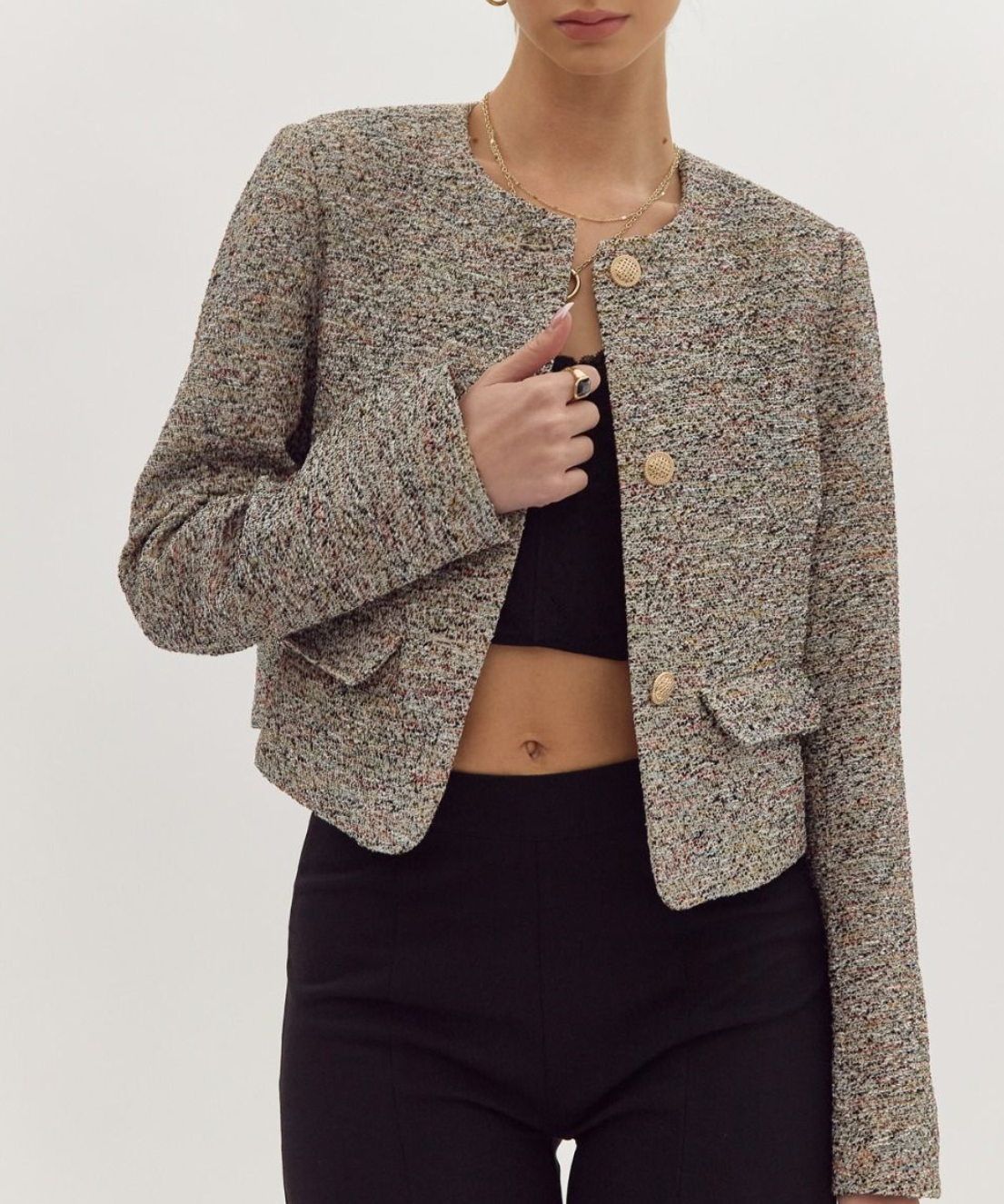 Tweed Open Front Long Sleeve Jacket