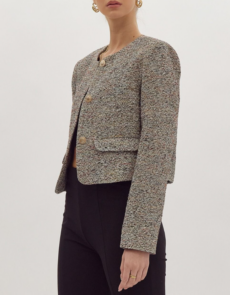 Tweed Open Front Long Sleeve Jacket