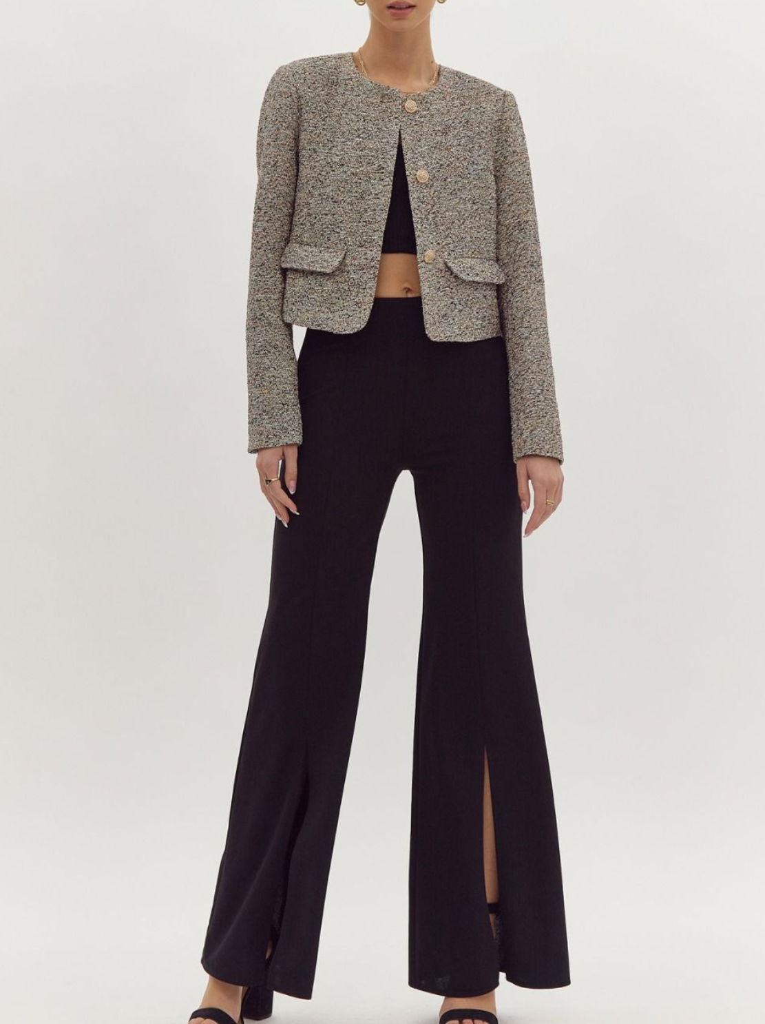 Tweed Open Front Long Sleeve Jacket