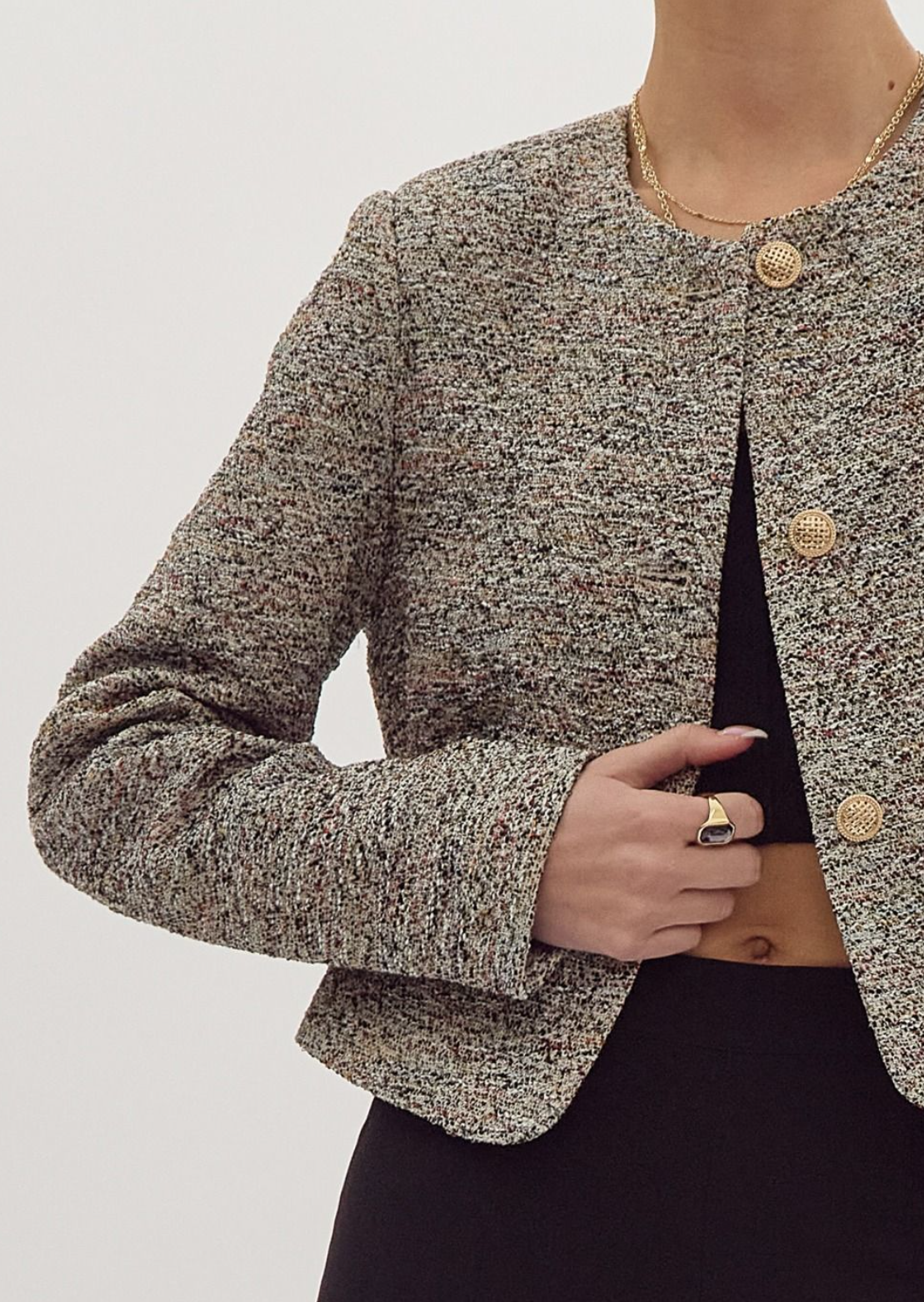 Tweed Open Front Long Sleeve Jacket