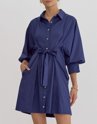 Solid Collared Button Up 3/4 Sleeve Mini Dress