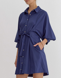 Solid Collared Button Up 3/4 Sleeve Mini Dress