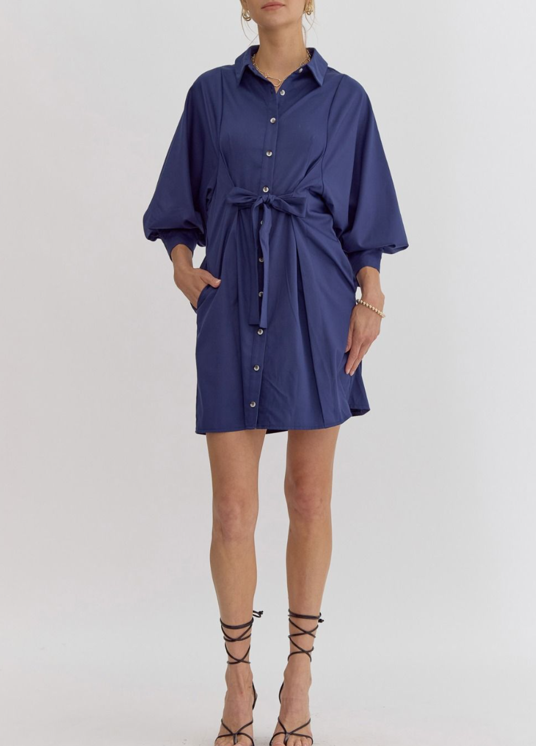 Solid Collared Button Up 3/4 Sleeve Mini Dress