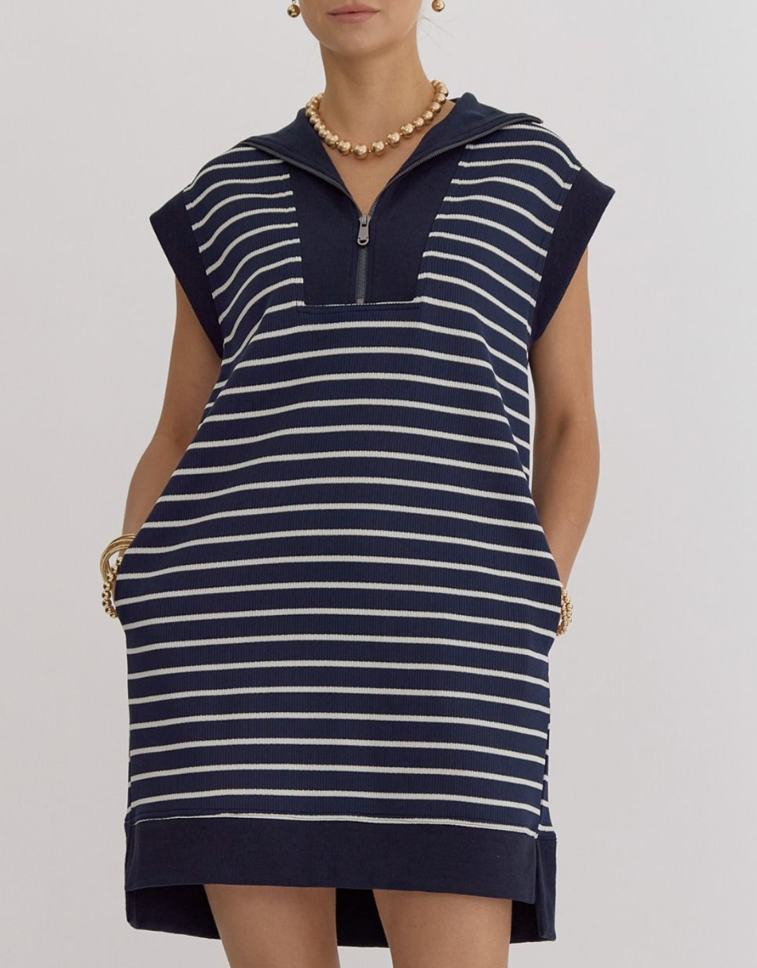 Stripe Print Ribbed Cap Sleeve Mini Dress