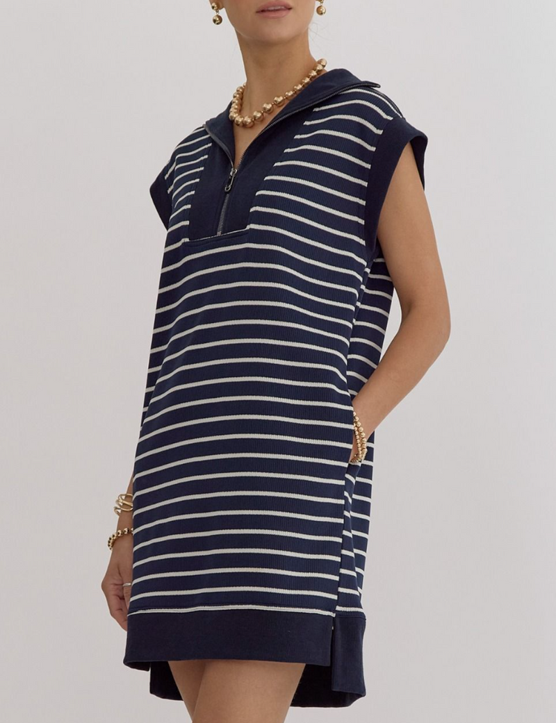 Stripe Print Ribbed Cap Sleeve Mini Dress