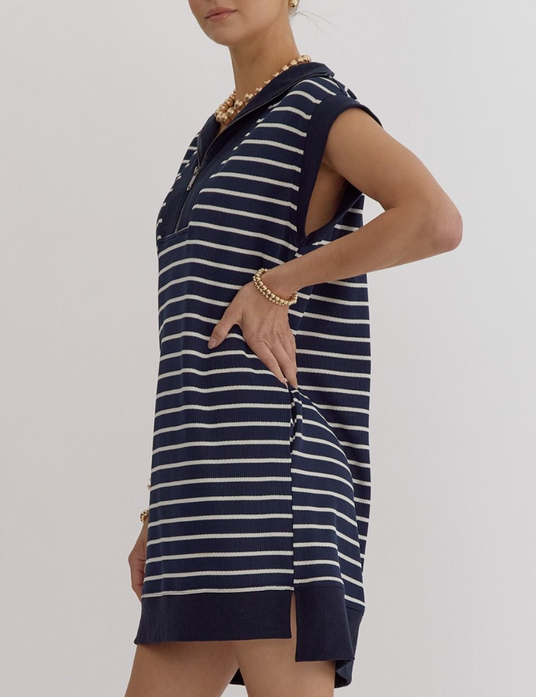 Stripe Print Ribbed Cap Sleeve Mini Dress