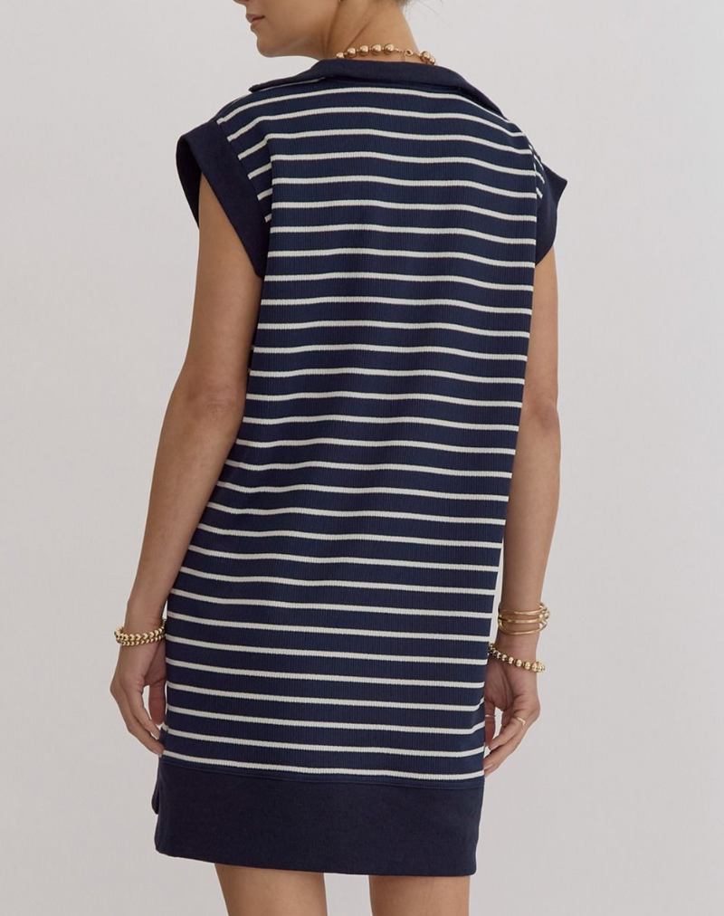 Stripe Print Ribbed Cap Sleeve Mini Dress