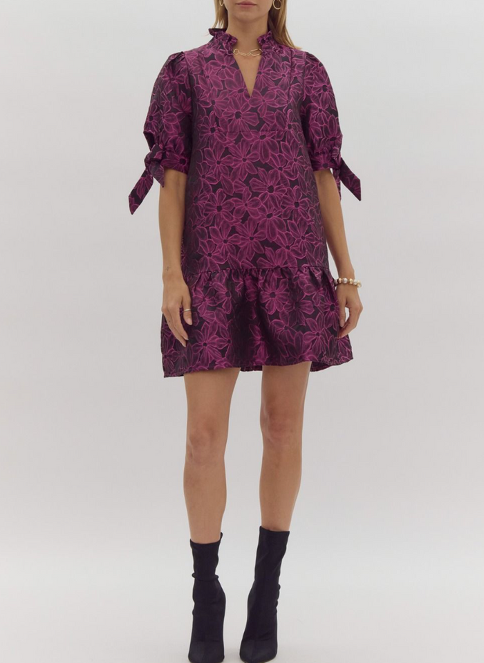 Floral Jacquard Short Sleeve V-Neck Mini Dress