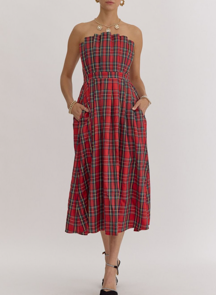 Plaid Strapless Midi Dress