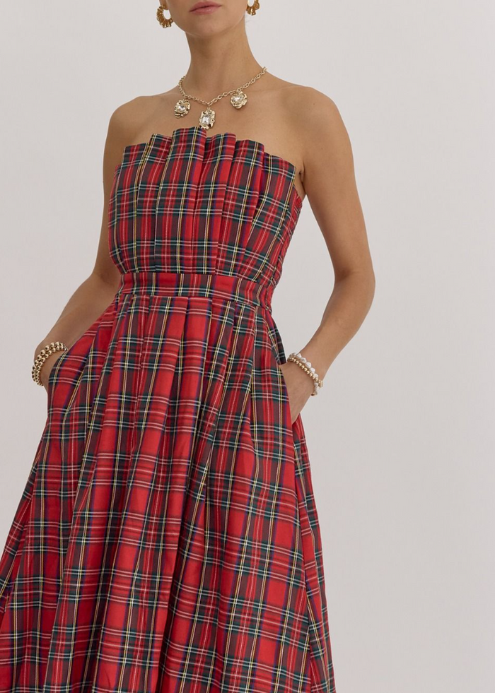 Plaid Strapless Midi Dress