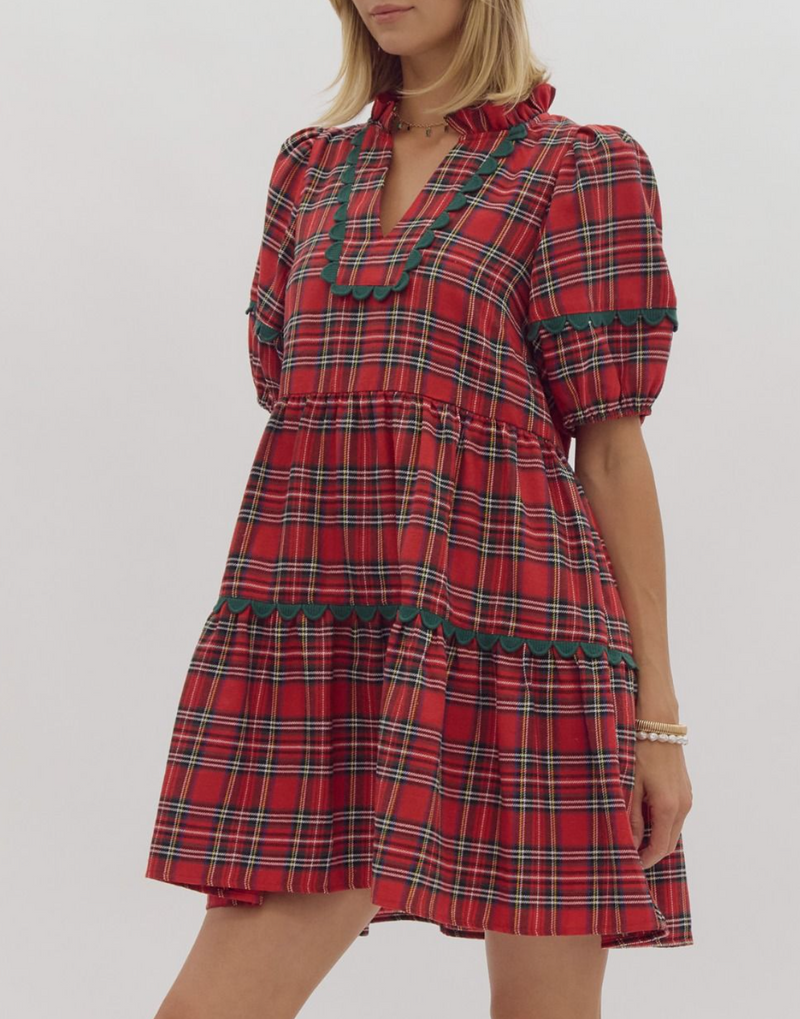 Plaid Print V-Neck Short Sleeve Mini Dress